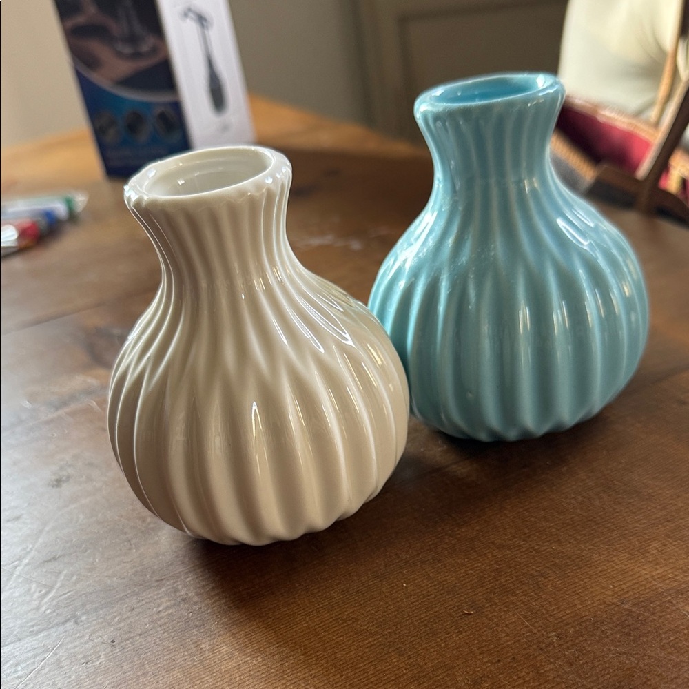 2 Elegant White and Blue Ceramic Vases